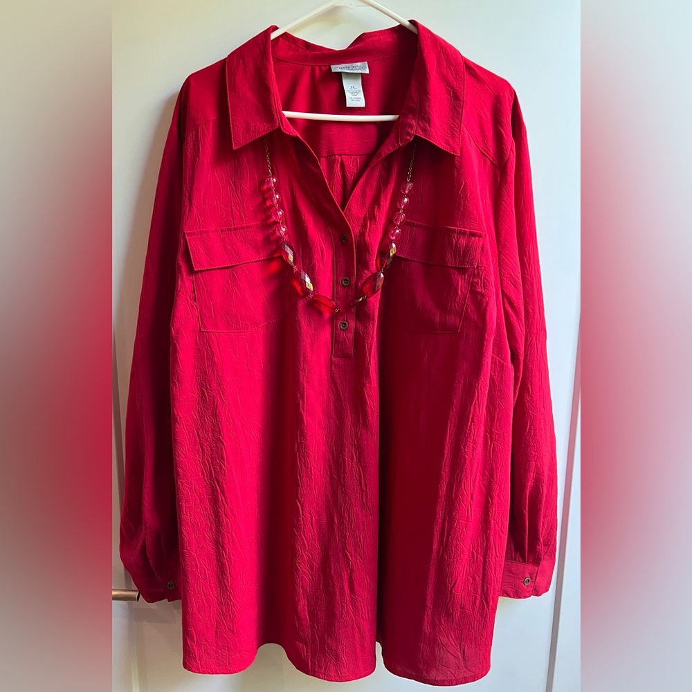 Catherines Women's Red Button-Up Blouse with Necklace
